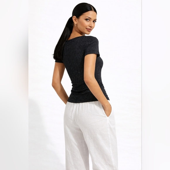 Elegant Black and Silver Striped Short Sleeve Top. Size S . - Picture 3 of 8